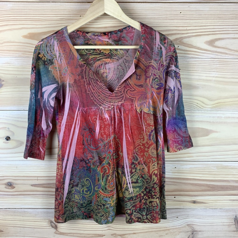Y2K Burn Out Shirt Women Small 3/4 Sleeve Casual Fashion Hippie 90s